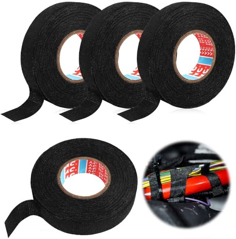 mizikuu 4 Piezas Cinta de Tela Adhesiva, Cinta Aislante Para Cables Resistente Al Calor Cinta De Tejido Industrial 19mm x 15m Para Motocicleta Automóvil Para Proteger, Agrupar, Reparar Cables, Negra