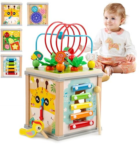 Goviox Motorikwürfel, Aktivitätswürfel Montessori Baby Spielzeug, Aktivitätswürfel aus Holz, 10 in 1 Motorikspielzeug ab 1 Jahr, Xylophon Motorikschleife, Motorikspielzeug für Kleinkinder Baby