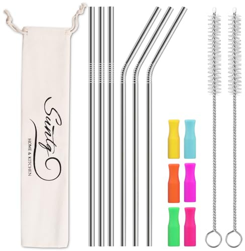 SUNTQ Pajitas de acero inoxidable para vaso Stanley, pajitas de repuesto para accesorios Stanley, pajitas de metal reutilizables con puntas de silicona y cepillo de limpieza (6 x 305, plata)