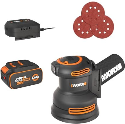 Worx 20V Cordless Random Orbital Sanders, Cordless Brushless Sander, 150/120/80 Grit Sandpaper, Cordless Orbital Sander with Battery and Charger, 1 x 4.0 Battery