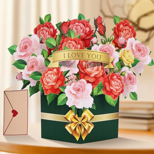 AOOTE 3D Pop Up födelsedagskort, 3D-popup-rosbukett, födelsedagskort med kuvert, mors dag, kort, pop-up, blommor, 3D-gratulationskort för mödrar, flickor, mors dag, årsdag, alla hjärtans dag