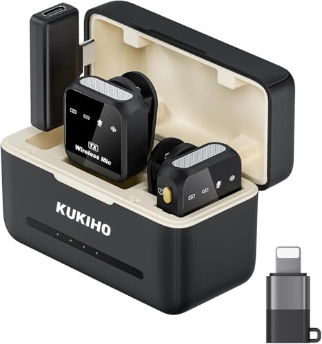 KUKIHO Micrófono Lavalier inalámbrico para iPhone y Android – Mini micrófonos inalámbricos con funda de carga, batería de 80H, alcance de 50 m, micrófono de solapa con cancelación de ruido para