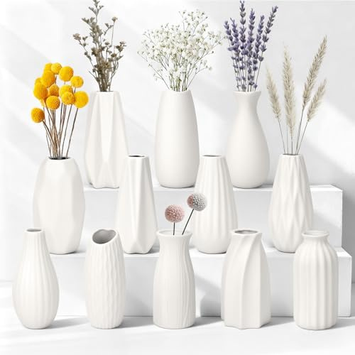 JBER Jarrones Decorativos Juego de 12 Pequeños - Jarrón Blanco de Cerámica Mate 13 cm para Hierba de la Pampa y Flores Secas - Decoración Bohemia Escandinava Moderna para Hogar e Interiores