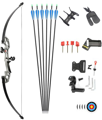 FQH 50-Zoll-Zerlegbare Recurvebogen- und Pfeil-Set 30-50 lbs Jagdbogen für Erwachsene und Anfänger Outdoor-Jagd Zielbogenschießen Wettbewerb (Bogenset(Silber), 40 lbs)