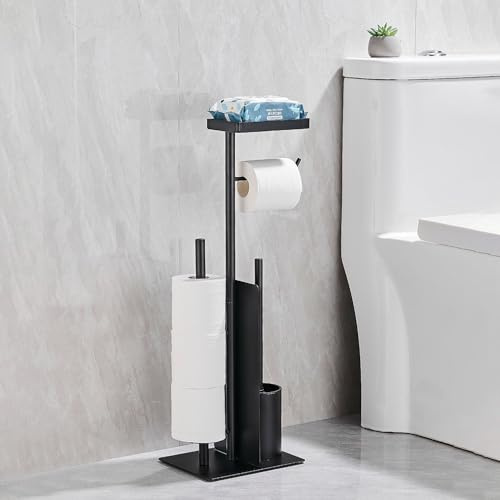 CELORVINI Portarotolo Carta Igienica con Scopino, Metallo Antiruggine Porta Carta Igienica da Terra per 4 Rotoli con Ripiano Superiore, Base Antiscivolo, Organizer e Contenitori per Bagno - Nero