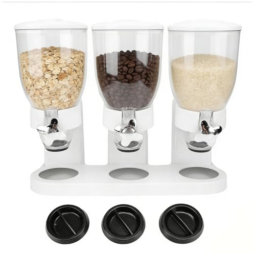 LICAEVEY Dispensador Triple de Cereales, Dispensador Multifuncional de Alimentos Secos para Encimera con 3 Compartimentos, Contenedor de Almacenamiento de Granola de Nueces Dulces para (WHITE)