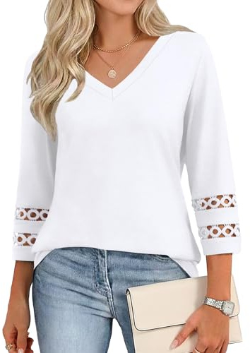 Cuptacc Camiseta Manga 3/4 Mujer Blusas Básicas Blanco XXXL 54-56