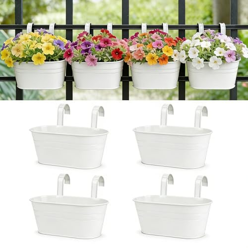 RIOGOO Vasi da Fiori in Ferro Metallico Vasi da Fiori da Appendere Vasi da Giardino Fioriere da Balcone Secchio Portafiori da Appendere a Parete Vaso Decorativo- Gancio Staccabile (4 Pezzi) (bianco)