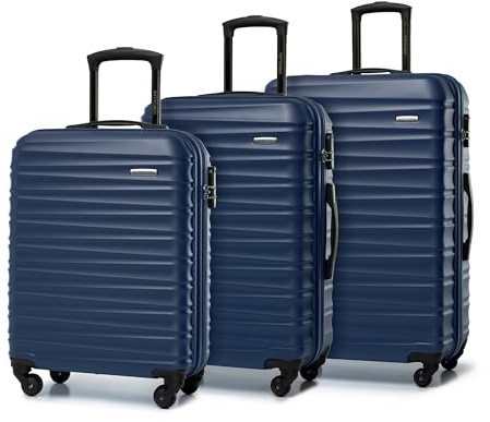 WITTCHEN Reisekoffer 3er Koffer-Set Rollkoffer Trolley Handgepäck Reisekofferset Gepäckset Hartschale aus ABS 4 Spinner-Rollen Zahlenschloss Groove Line Marineblau Lufthansa/Eurowings/Ryanair/Condor