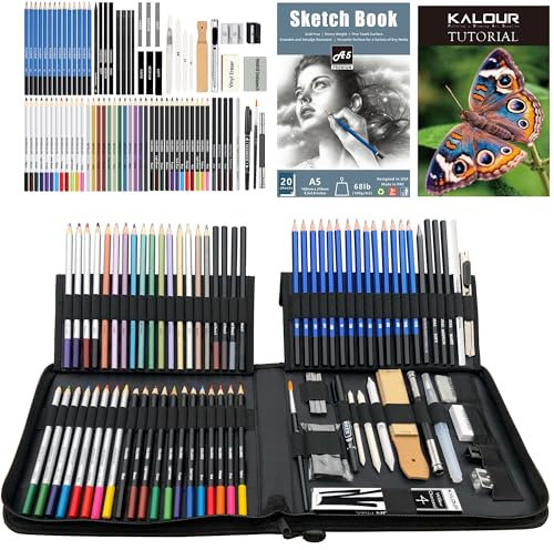 KALOUR Set de Dibujo y Boceto 84 Piezas, Materiales de Arte con Cuaderno, Incluye Tutorial, Lápices de Color, Carbón y Acuarela, Ideal para Adultos y Principiantes