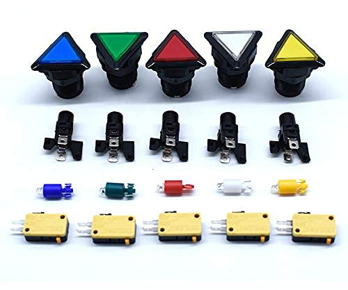Arcity 5 Pieces Triangle LED Illuminated Push Buttons with Micro Switch for Arcade Machine Games Kits Parts Black Edge Jamma MAME Raspberry Pi 2 3 Controller 39x39x39MM New(Multi-Colored)