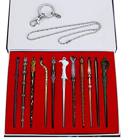 HCSUI 11 stycken magiska trollstavar, kedjor, set, Hermione Dumbledore, metall, trollstavar, stav för vuxna med nyckelring och halsband i en presentförpackning