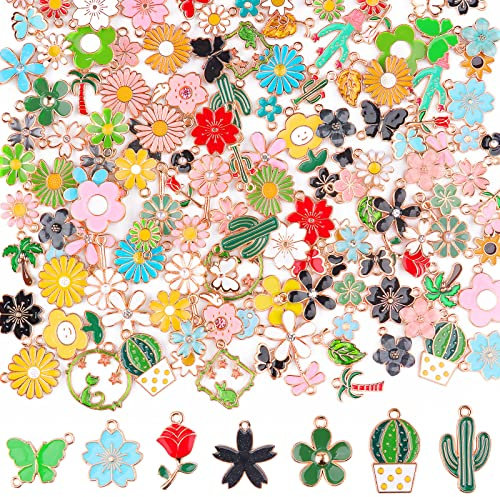 140PCS Spring Flower Charms, Kalolary 70 Styles Flower Themed Pendants Cactus Sunflower Daisy Jewelry Charm Assorted Gold Plated Enamel Charm for Earrings Necklace Bracelet Jewelry DIY Making Crafting