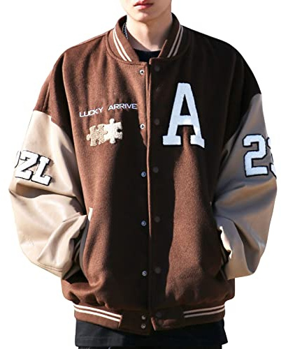 Moshtashio Varsity College Jacket Baseball Jackets Vintage Outwear with Pockets Unisex Coat Patchwork Top