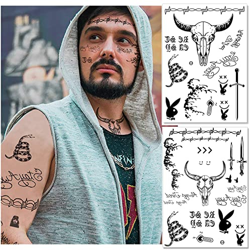 Temporary Face, Neck & Arm Tattoos - Halloween Sticker Set for Costume Parties - 4 Large Sheets