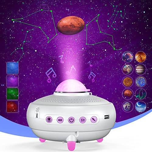 Homonic LED Sternenhimmel Projektor, Galaxy Projektor Nachtlicht mit 12 Konstellationen&10 Planeten mit Bluetooth Musik Lautsprecher&Stimme&Timer 10Farben Sternenprojektor für Kinder Erwachsene, Weiß