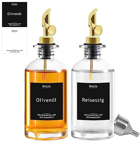 HMJIA Ölflasche und Essig Set für Küche mit Edelstahl Ausgießer 2er-Pack 350ML Olivenöl Flasche Kaffee Sirup Spender mit 96 Aufkleber (350ml - Gold)