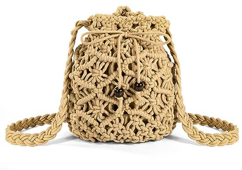 Niboken Damen Stroh Umhängetasche Crossbody Tasche mit Kordelzug, Frau Weben Schultertasche, Sommer Strand Geldbörse Handtasche zum Reise und Urlaub (Braun)