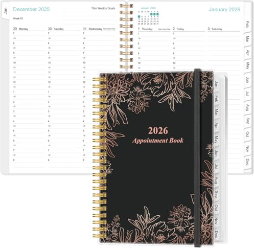 2026-2027 Appointment Book - 2026-2027 Daily Hourly Planner from July 2026 - June 2027,12 Monthly Tabs, Inner Pocket, 6.4 x 8.5, Black Flower