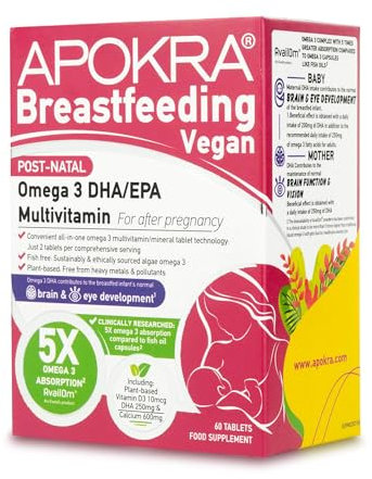 Stillzeit Vitamine | Postnatal | Veganes Algenöl Omega 3 DHA/EPA Multivitamin | Stillergänzung | 60 Tabletten | APOKRA