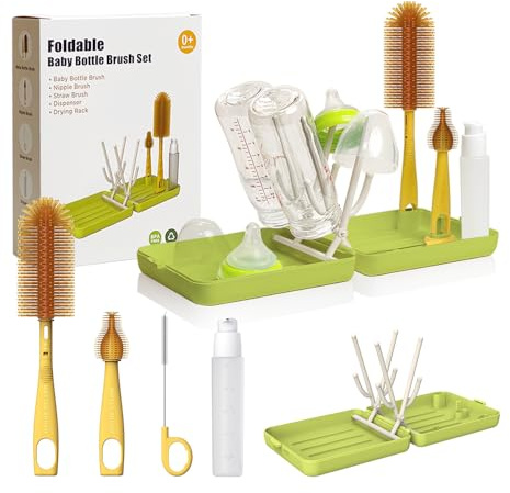 YOTIME Set Cepillo Limpia Biberones Viaje con Secar Biberones, para Esenciales Viaje Bebés, Visita a Amigos y Relaciones, Verde