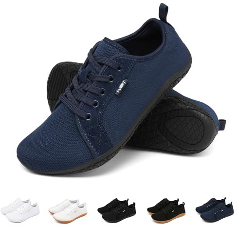 Geweo Barfußschuhe Sneaker Breite Walking Schuhe Barfuss Damen Herren Trail Laufschuhe Minimalistische Fitness Knit Unisex Weit rutschfest Zehenschuhe Zero Drop Solhe Freizeit Marineblau 39EU