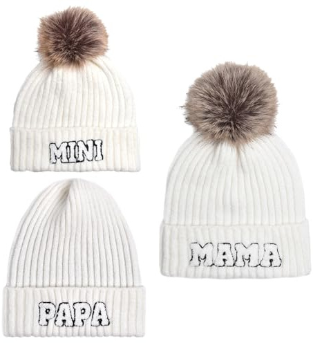 Kunyeah 3 pièces Bonnet en Tricot Assorti pour Parent-Enfant Mama Papa Bébé - Bonnets d’Hiver Chauds avec Pompon pour Femme et Homme, Blanc, Taille Unique