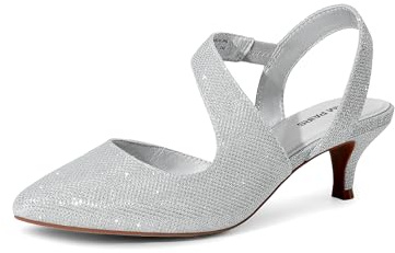 DREAM PAIRS Tacones de gatito para mujer, punta cerrada, puntiaguda, tacón bajo, con tiras, para fiesta, baile, boda, zapatos de vestir para mujer, plateado, 41 EU
