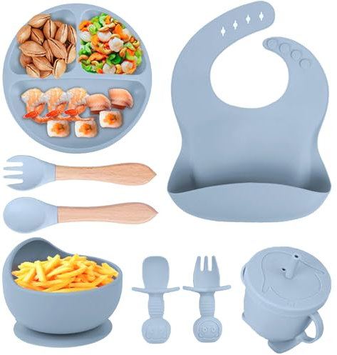 TTSTOIEE Silikon Baby Geschirrset, 8 Stück Kindergeschir (Baby Teller mit Saugnapf, Löffel, Gabel, Schüssel, Lätzchen, Trinkbecher), BPA-Frei, Spülmaschinen Und Mikrowellen blau