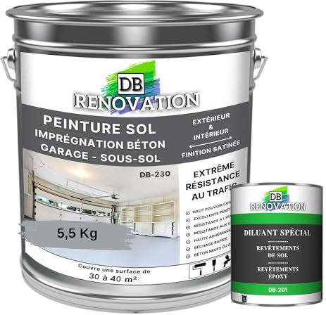 DB Rénovation PEINTURE SOL BETON Industriel - Garage, sous-sol - Extrême trafic intérieur, extérieur - Haute résistance - Gris fenêtre - Kit 5,5KG + 1L Diluant