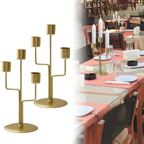 OdiuK Candelabro oro, 2 pezzi, portacandele a stelo in metallo, stile vintage, 23 cm, per matrimonio, tavolo, candela, cena, anniversario