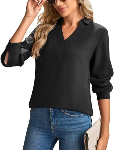 Florboom Camicetta da donna, elegante, con scollo a V, in chiffon, per autunno, a maniche lunghe, tinta unita, Nero , M