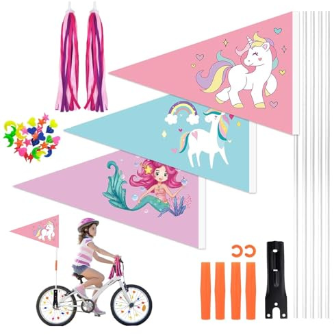 3 Stück Fahrradfahne für Kinder, Fahrradfahnenwimpel Passend für Kinderfahrräder, Fahrradspeichen Deko Lenker Quasten, Kinderfahrrad Sicherheitswimpel Reflektierender für Kinderfahrrad Zubehör Mädche