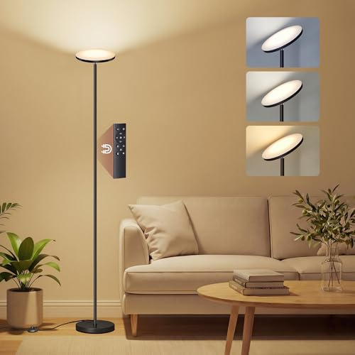 VASAGLE Lámpara de Pie LED, 30 W, Cabezal Orientable, Dormitorio, Oficina, Temporizador, Función de Memoria, Mando a Distancia, Negro Mate LFL018BD02