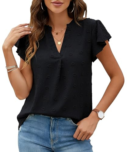 viiotu Blouses for Women UK Summer Short Sleeve Ladies Shirts Chiffon Blouses V Neck Tops for Travel Party Daily Wear (UK, Alpha, M, Regular, Regular, Black)