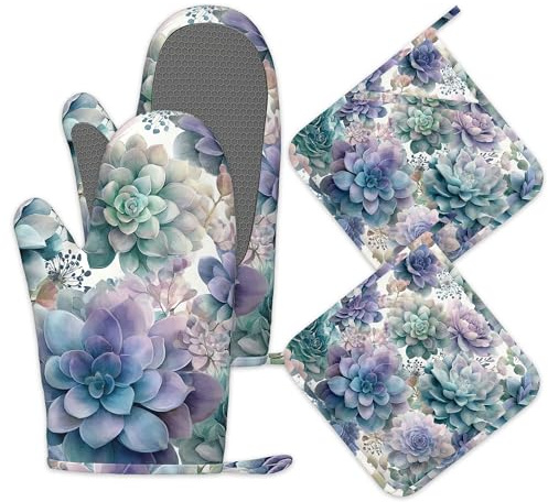 Succulent Botanical Floral Oven Mitts and Pot Holders Sets of 4, Heat Resistant Silicone Oven Mitts Gloves Non-Slip Kitchen Mittens Potholders for Cooking Baking Grilling BBQ