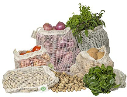 Reusable Cotton Mesh Produce Bags - 100% Organic Cotton, Durable, Double Stitched, Washable with Tare Weight & Drawstring - Mesh Bags for Grocery Shopping, Vegetables & Fruits | Set of 6 (2L, 2M, 2S)