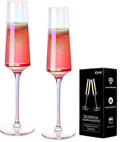 Cyimi Crystal Champagne Glasses Flutes Set of 2 Iridescent, Lead Free Premium Modern Champagne Glasses, Hand Blown Classic Champagne Flutes Set (7OZ,210ML)