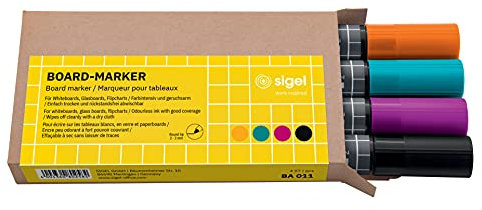 SIGEL BA011 Board-Marker - trocken und feucht abwischbar - schwarz, türkis, magenta, orange - Rundspitze 2-3 mm - 4 Stück - für weiße Glas-Magnettafeln, Whiteboards und Flipcharts