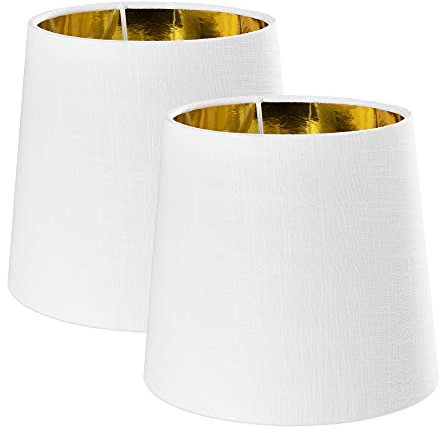 Navaris Set 2x Paralume Lampada Tessuto Bianco Interno Dorato - Para Lume Abatjour Luce da Tavolo Lampadina E14 - Paralumi Bianchi Ø172-137x152mm