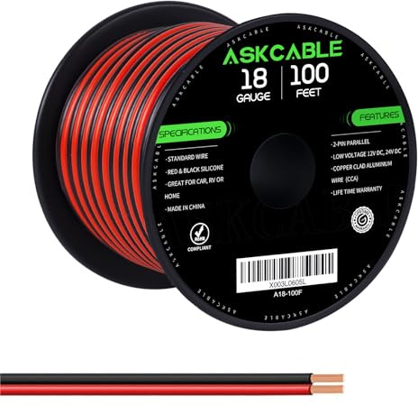 Askcable 18 Gauge Wire, 18 AWG Electrical Wire Cable, 2 Conductors Red Black Wire, Copper Clad Aluminum(CCA) Flexible PVC Extension Cord for Speaker, Hookup LED Strips, Automotive 12V/24V DC (100FT)