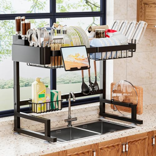 ilvvan Over Sink Dish Drying Rack (Expandable Height/Length) Snap-On Design Large Dish Drainer Storage Counter Organizer 24 - 35.5(L) x 12(W) x 19 - 22(H)