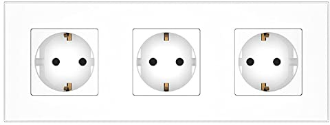 PULSAR Unterputz Steckdose Weiß 3-Fach Glas, Schuko Wandsteckdose 16A EU-Standard mit Kindersicherung und Rahmen aus Kristallglas 228x86mm