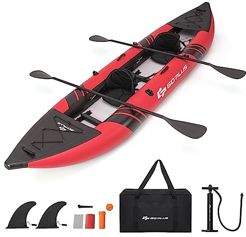 Goplus Inflatable Kayak, 2-Person Kayak Set for Adults with 507 LBS Weight Capacity, 2 Aluminium Oars, EVA Padded Seat, 2 Fins, Hand Pump, Carry Bag, Repair Kit, Portable Touring Kayaks (Red)