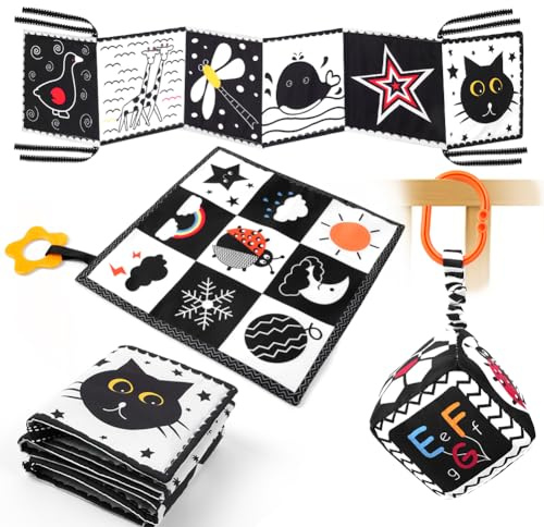 Aolso Giochi Neonato 0-12 Mesi, Libri di Stoffa Interattivo, Tattile Alto Contrasto Libro Sensoriale Neonati Giocattoli Educativi