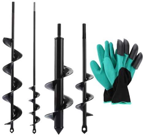 APACALI 4 Pièces Mèche Jardin Tariere pour Perceuse, Foreuse Jardin en Spirale avec Gants Jardinage, Outil de Plantation Pratique pour Faire Rapidement Trou et Planter des Fleurs Arbres Arbustes