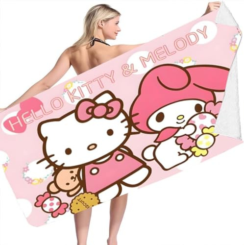 Hellokiitty Beach Towels, Meloddy Microfibre Beach Towel Velour Towel Swimming Shower Towel Lightweight Thin Portable Sauna Towel Beach Swimming Kids PoolTowel Beach Blanket for Kids(75 x 150cm)
