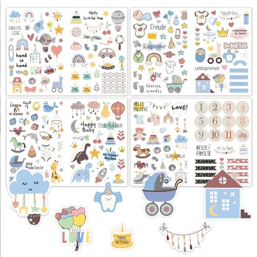 KOBOKO Sticker Babyalbum, 212 Stücke Sticker Baby, Fotoalbum Baby, Baby Sticker für Mädchen & Junge für Taufe Babyshower Deko Zubehör Scrapbooking Gästebuch Fotoalbum Notizbuch (Geburt)