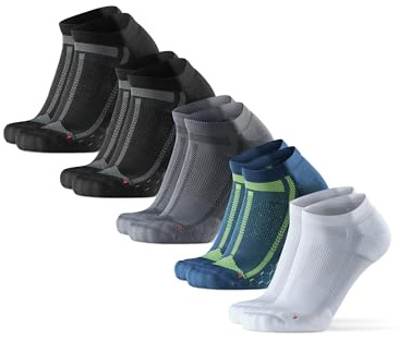 DANISH ENDURANCE Chaussettes Courtes de Running Longue Distance, Anti-Ampoules, Homme et Femme, Lot de 3 ou 5, Multicouleurs (2x Noir, 1x Bleu/Jaune, 1x Gris, 1x Blanc), 43-47