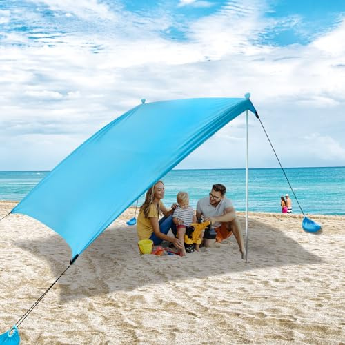 AKLIFFE Tenda da Spiaggia Portatile Tenda Parasole Spiaggia 2.1m x 2.1m Protezione UV UPF 50+ Tenda Mare, con Sacco di Sabbia, Ancora, per Spiaggia, Picnic, Pesca, Campeggio